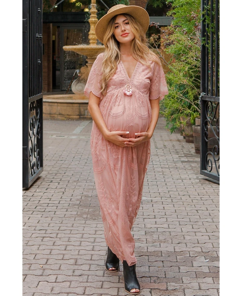 Pinkblush Women's Burgundy Lace Mesh Overlay Maxi Dress