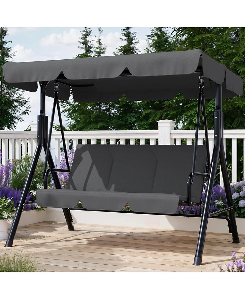 homfan Outdoor Porch Swing with Adjustable Canopy and Stand, 3-Seat Grey Patio Swing Chair for Garden