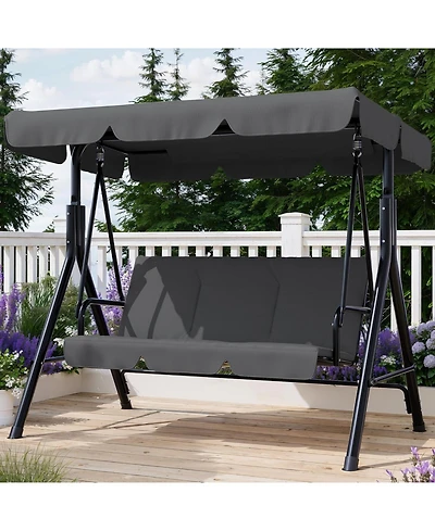 homfan Outdoor Porch Swing with Adjustable Canopy and Stand, 3-Seat Grey Patio Swing Chair for Garden