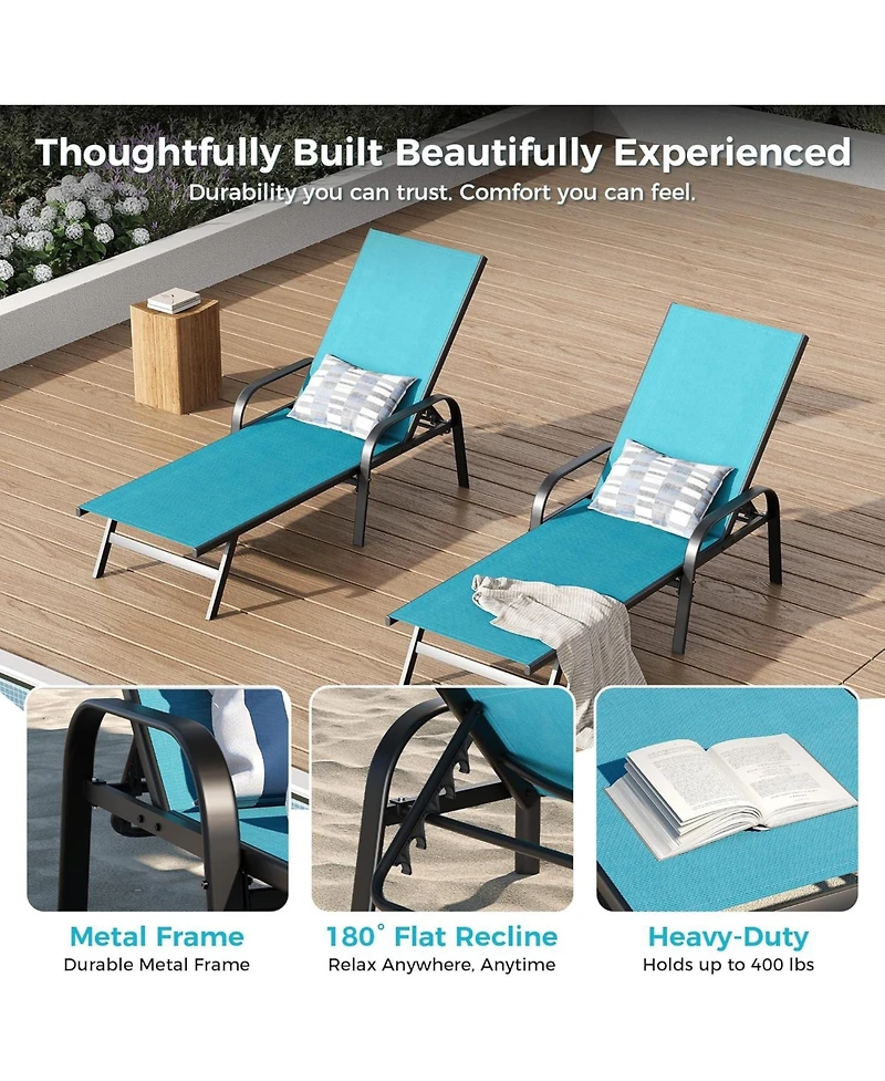 homfan Set of 4 Sky Blue Outdoor Lounge Chairs, Adjustable Patio Recliner with 5-Position Backrest and Textilene Fabric