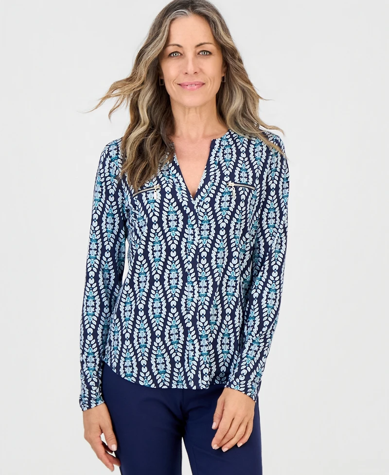 Jm Collection Petite Long-Sleeve V-Neck Zipper-Pocket Blouse, Created for Macy's