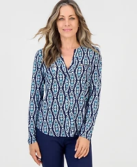 Jm Collection Petite Long-Sleeve V-Neck Zipper-Pocket Blouse, Created for Macy's