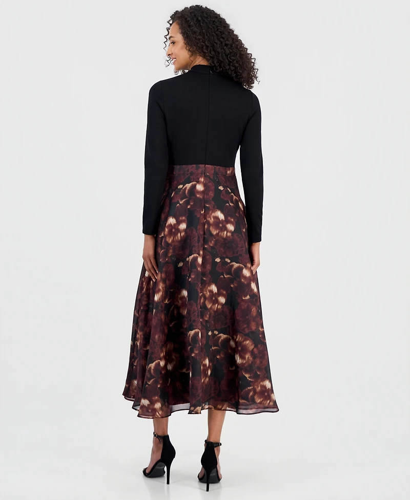 Anne Klein Women's Serenity Mock-Neck Long-Sleeve Floral-Print Dress