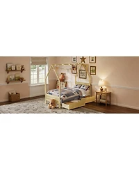 Streamdale Furniture Montessori Twin House Bed Frame with 2 Storage Drawers, Natural Wood