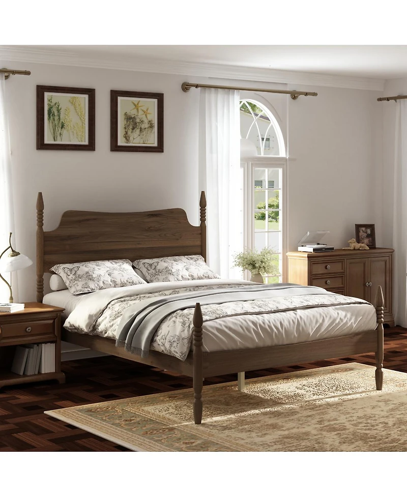 Streamdale Furniture Queen Size Spindle Platform Bed Frame with Curved Tall Headboard