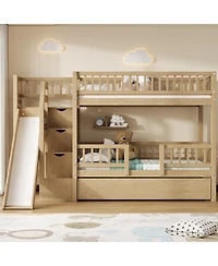 Streamdale Furniture Twin over Twin Bunk Bed with Storage Staircase, Slide and Trundle