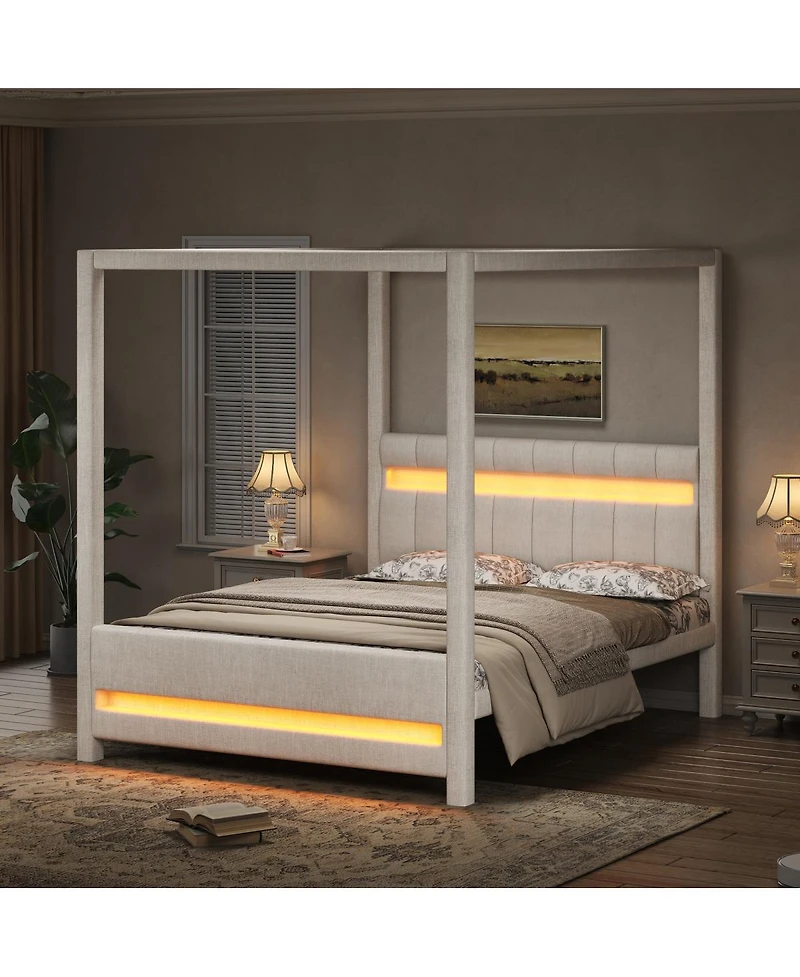 Streamdale Furniture Queen Size Upholstered Canopy Platform Bed with Led Lights