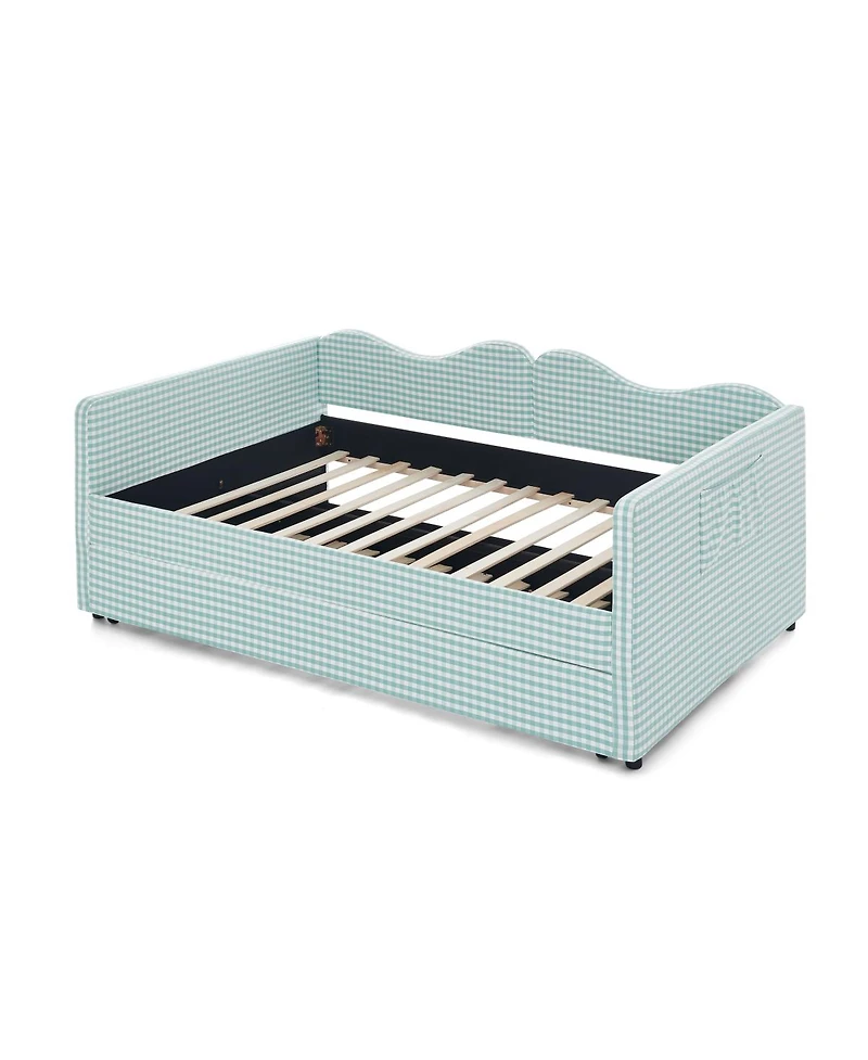 Streamdale Furniture Gingham Upholstered Full-Size Daybed with Trundle and Side Storage Pocket