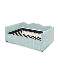 Streamdale Furniture Gingham Upholstered Full-Size Daybed with Trundle and Side Storage Pocket