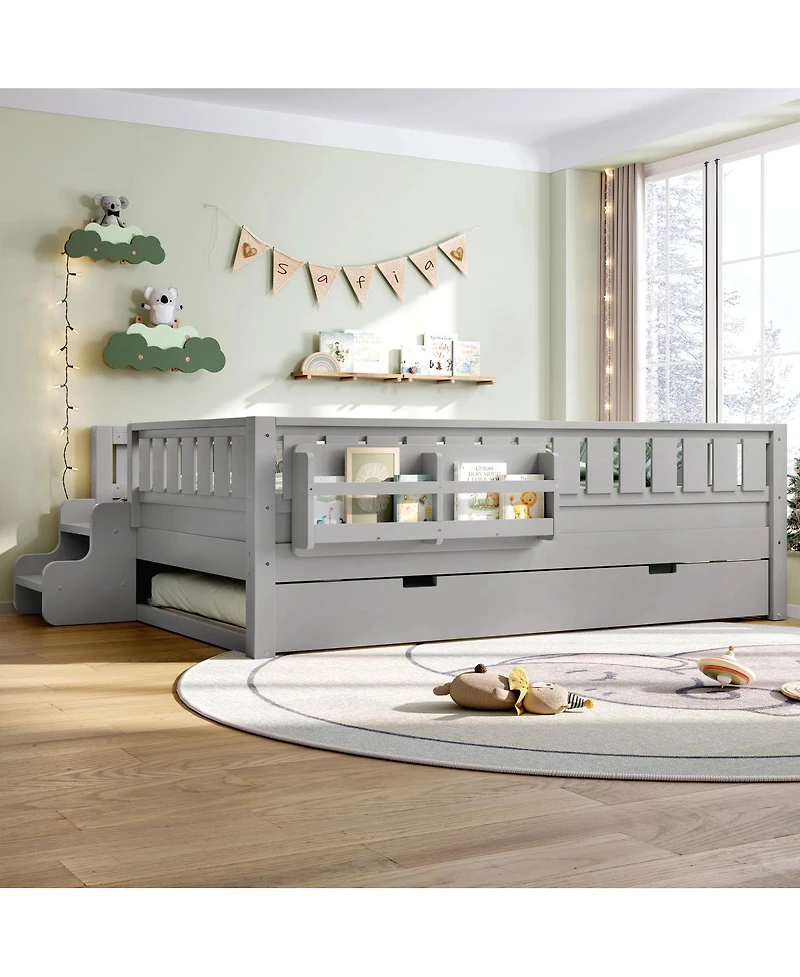 Streamdale Furniture Loft Bed with Bookshelves, Staircase, Safety Rails, and Trundle