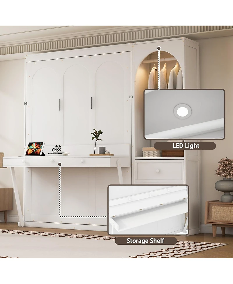 Streamdale Furniture Murphy Bed with Storage Shelf, Led Light, and 3 Drawers