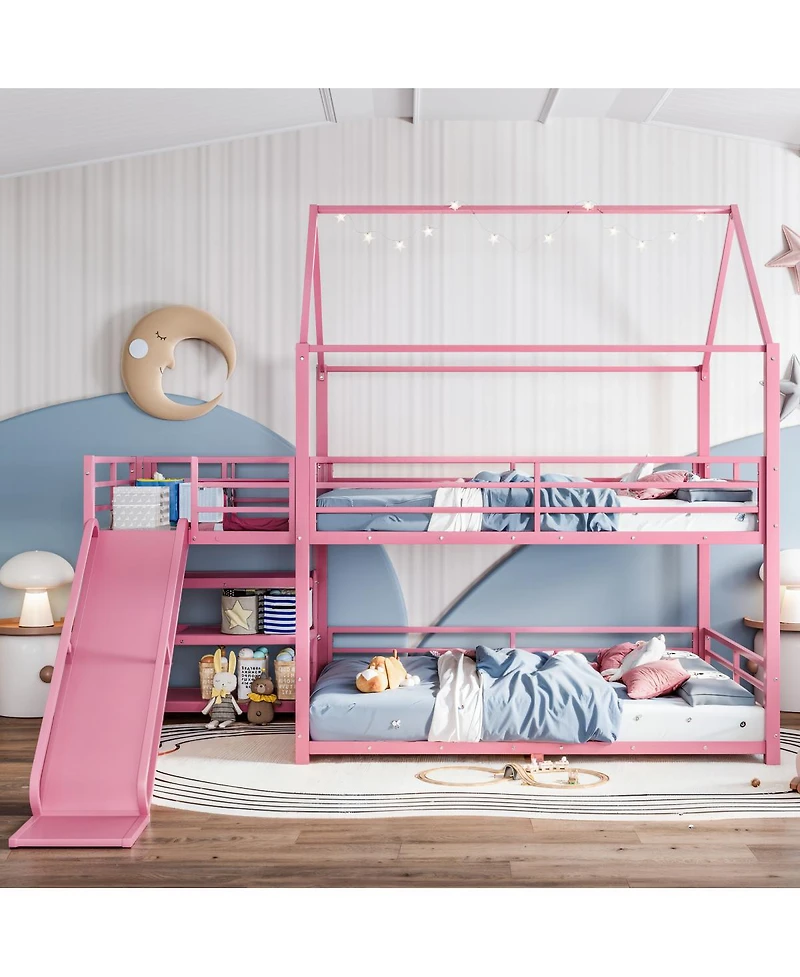 Streamdale Furniture Full Metal House Bunk Bed with Storage Stairs, Slide, Safety Rails