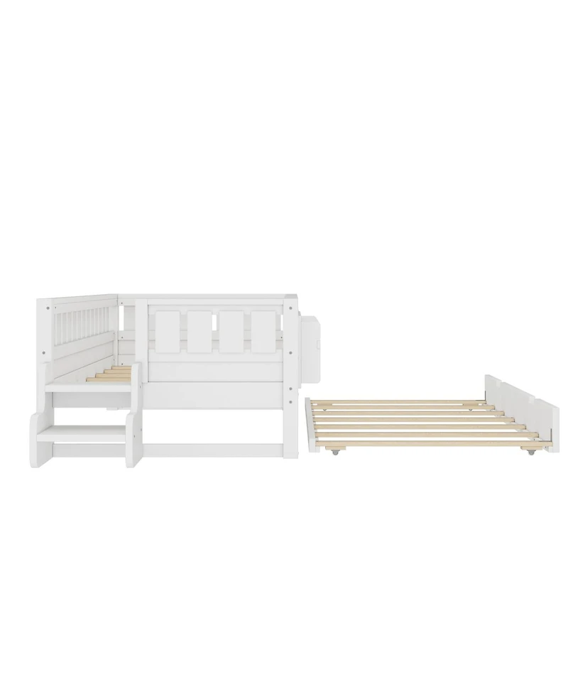 Streamdale Furniture Twin Bed with Bookshelves, Staircase, Safety Rails, and Trundle