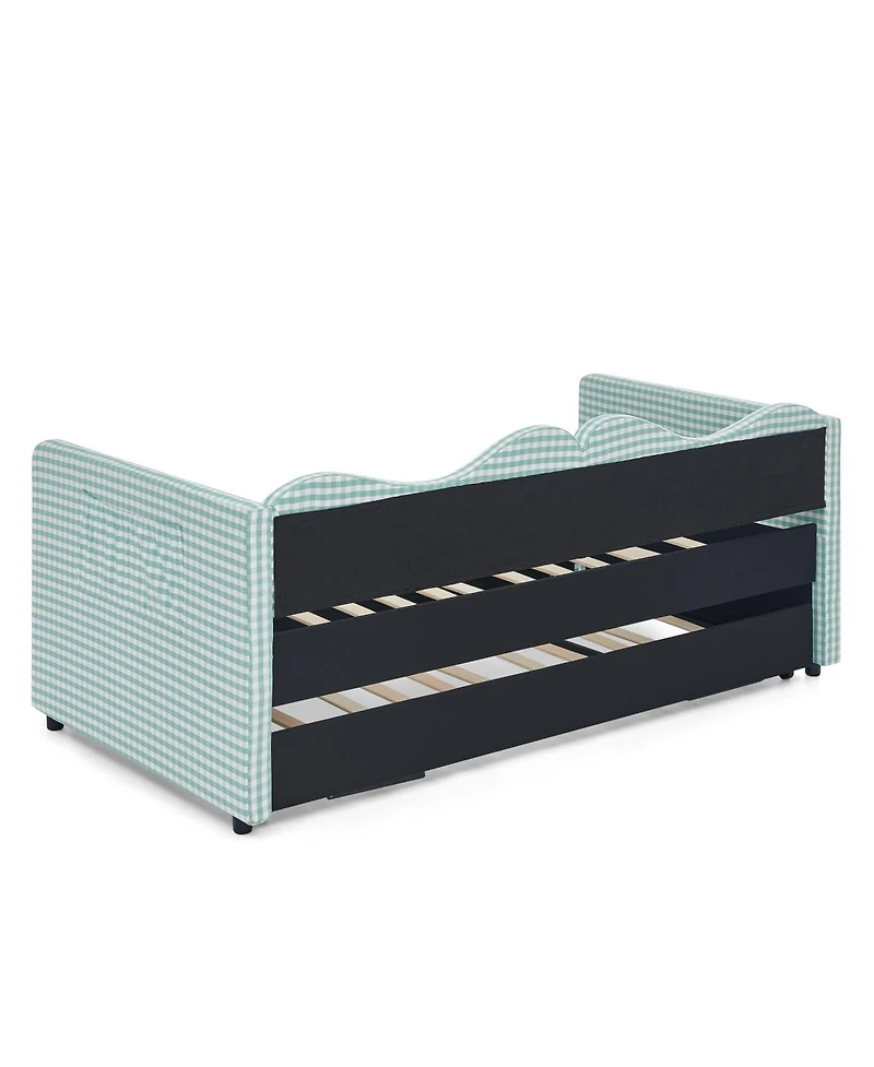 Streamdale Furniture Gingham Upholstered Twin Daybed with Pull-Out Trundle and Side Storage Pocket