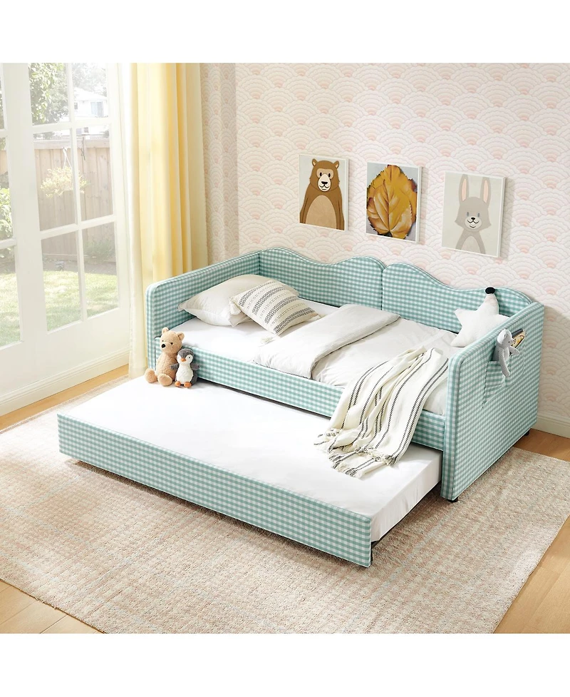 Streamdale Furniture Gingham Upholstered Twin Daybed with Pull-Out Trundle and Side Storage Pocket