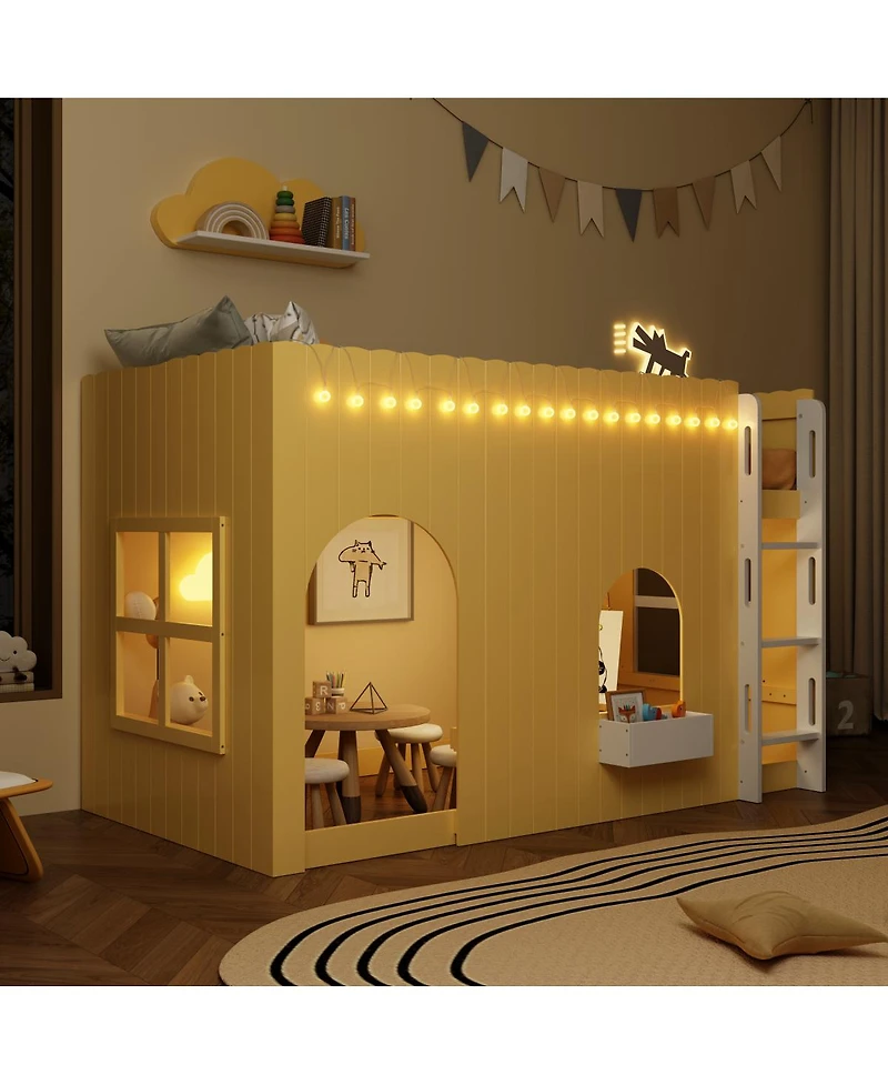 Streamdale Furniture Twin Size Kids Loft Bed with Warm Led Light String, Primrose