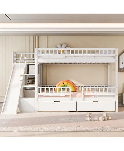 Streamdale Furniture Full over Full Bunk Bed with Storage Staircase, Slide and 2 Drawers