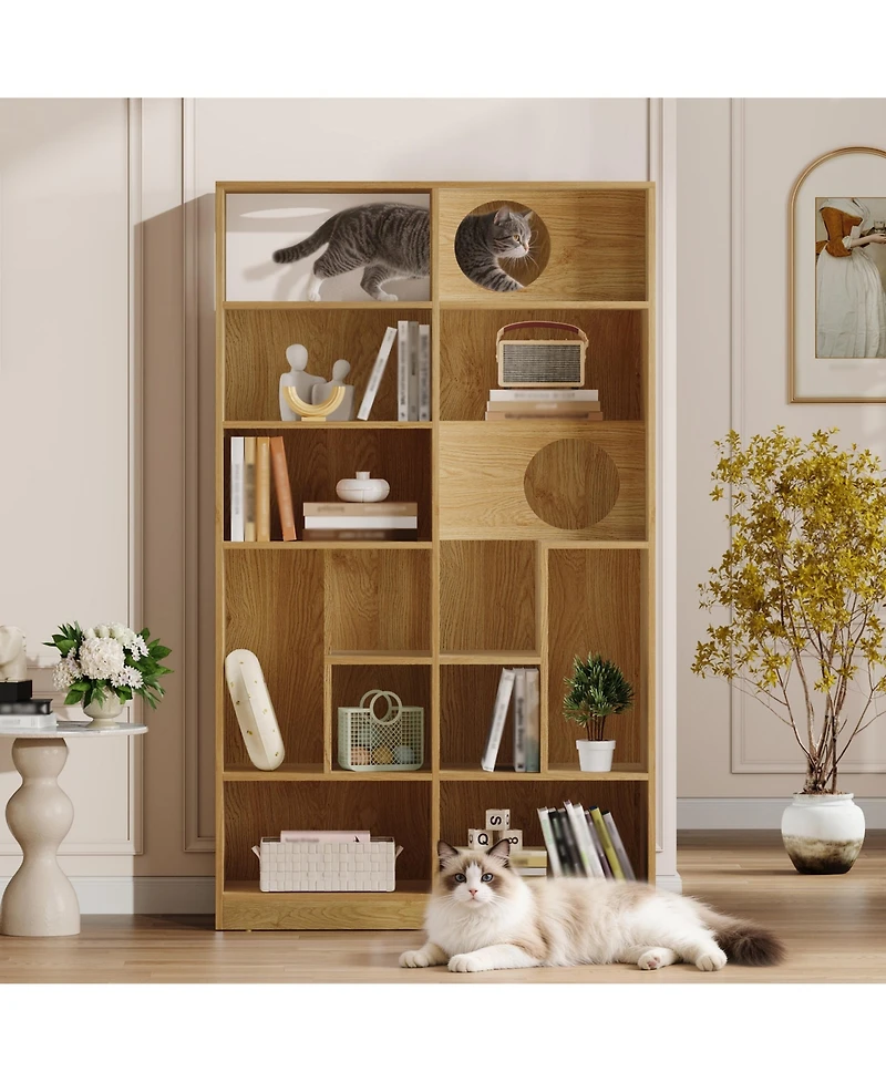 flynama Modern Cat House Bookshelf with Storage and Litter Box