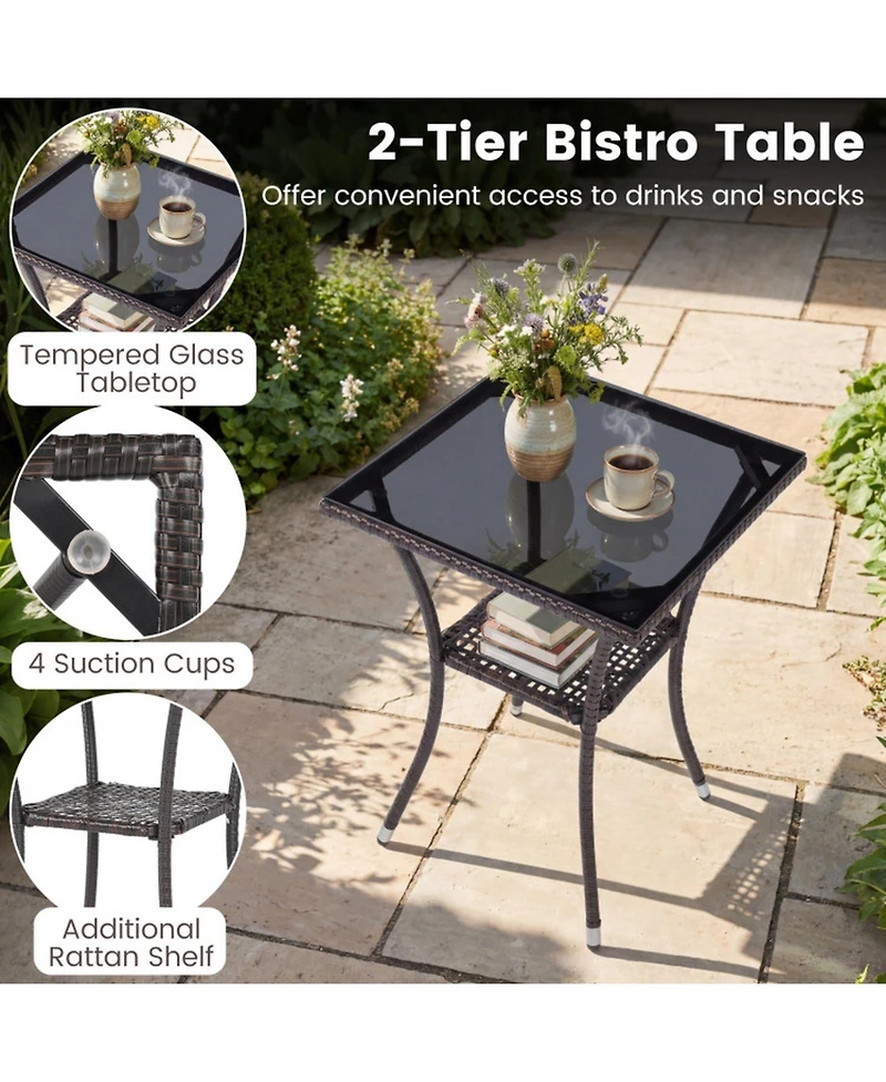 Sugift 3-Piece Wicker Bistro Set with Tall 2-Tier Tempered Glass Table