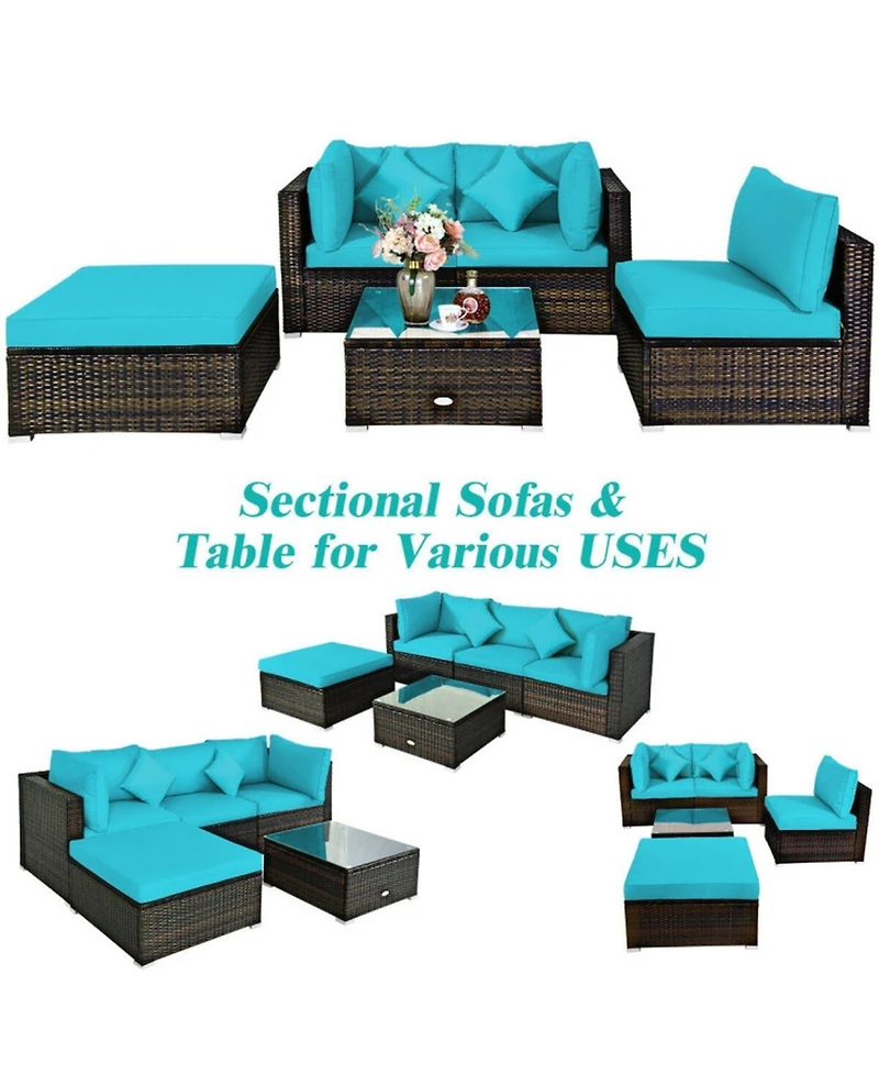 Sugift 5 Piece Outdoor Patio Rattan Sectional Conversation Furniture Set with Cushions