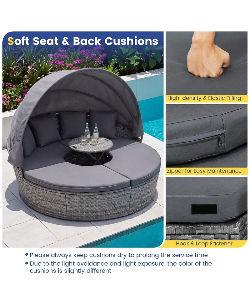 Sugift Outdoor Pe Wicker Round Daybed with Retractable Canopy Cushions and Lift Table