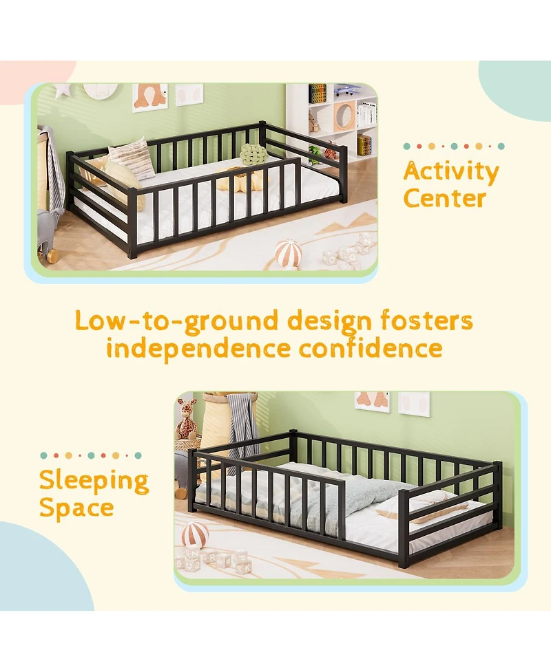 Streamdale Furniture Twin Size Metal Floor Bed with Guardrails