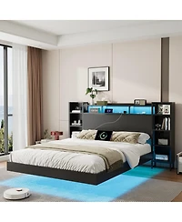 Streamdale Furniture Queen Floating Bed Frame with Led Lights, Usb Ports and Storage Headboard
