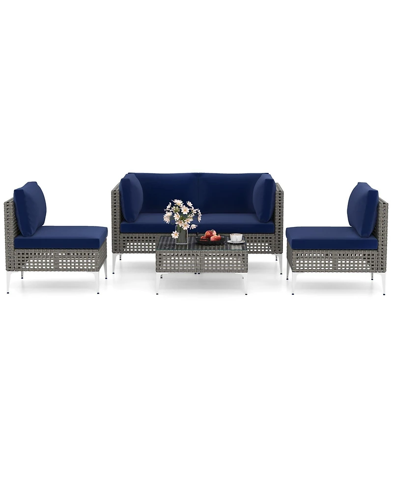 Sugift 5-Piece Pe Rattan Outdoor Sectional with Glass Coffee Table