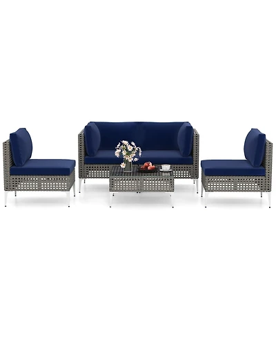Sugift 5-Piece Pe Rattan Outdoor Sectional with Glass Coffee Table