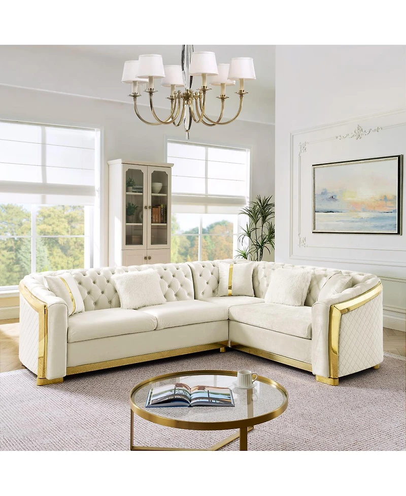 Streamdale Furniture 106" L-Shaped Velvet Chesterfield Sectional Sofa with Gold Accents