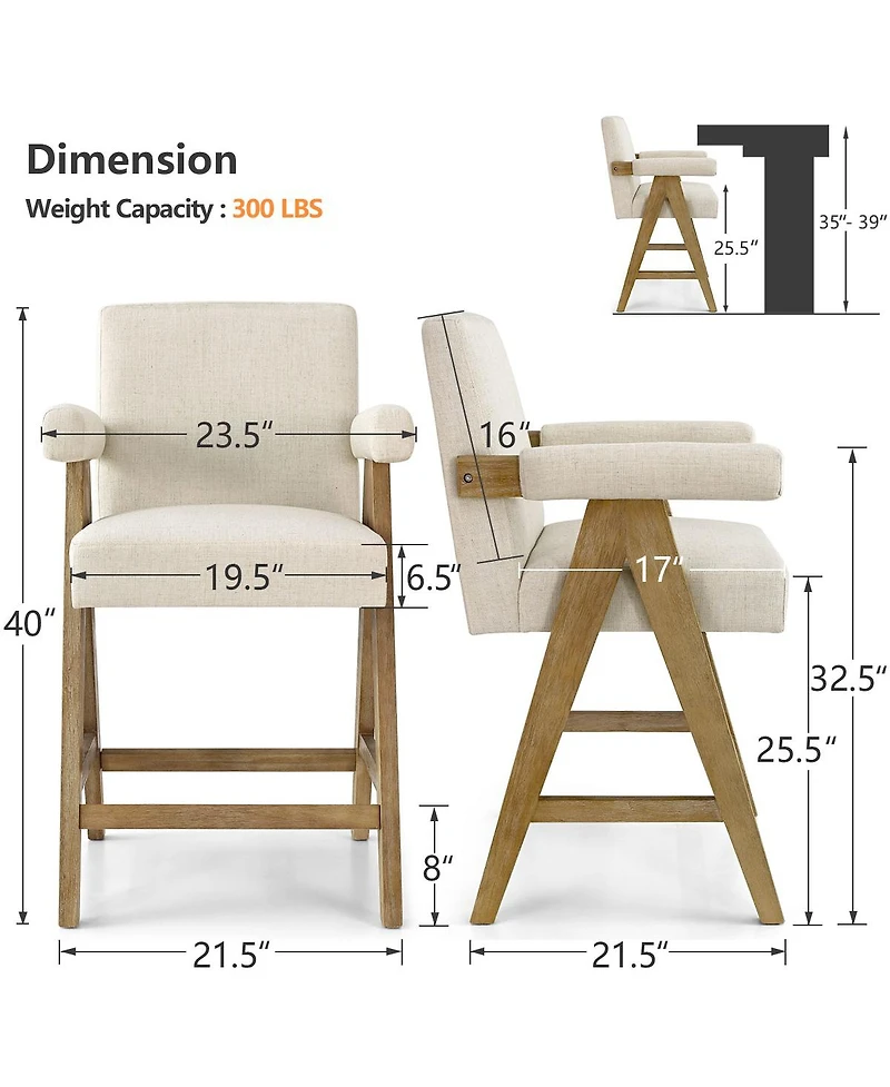 Maison Boucle Set of Mid-Century Modern Counter Height Bar Stool with Arms, Solid Wood Frame, Upholstered Full Back
