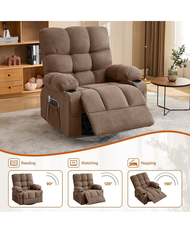 Streamdale Furniture Oversized Swivel Massage Recliner with Heat, Usb Port, and Cup Holder