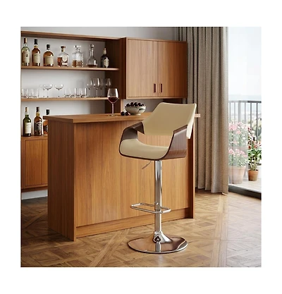 HomeRoots Faux Leather Iron and Wood Adjustable Height Swivel Bar Chair