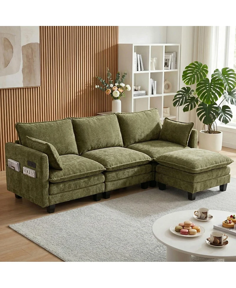 Streamdale Furniture Modern Chenille 3-Seat Sofa with Ottoman, Usb Ports and Side Pockets