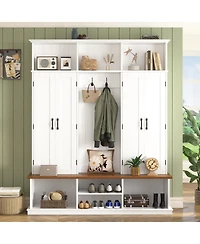 Streamdale Furniture 62.2''W Farmhouse Hall Tree with Bench, Storage Cubbies, Hooks and Cabinets