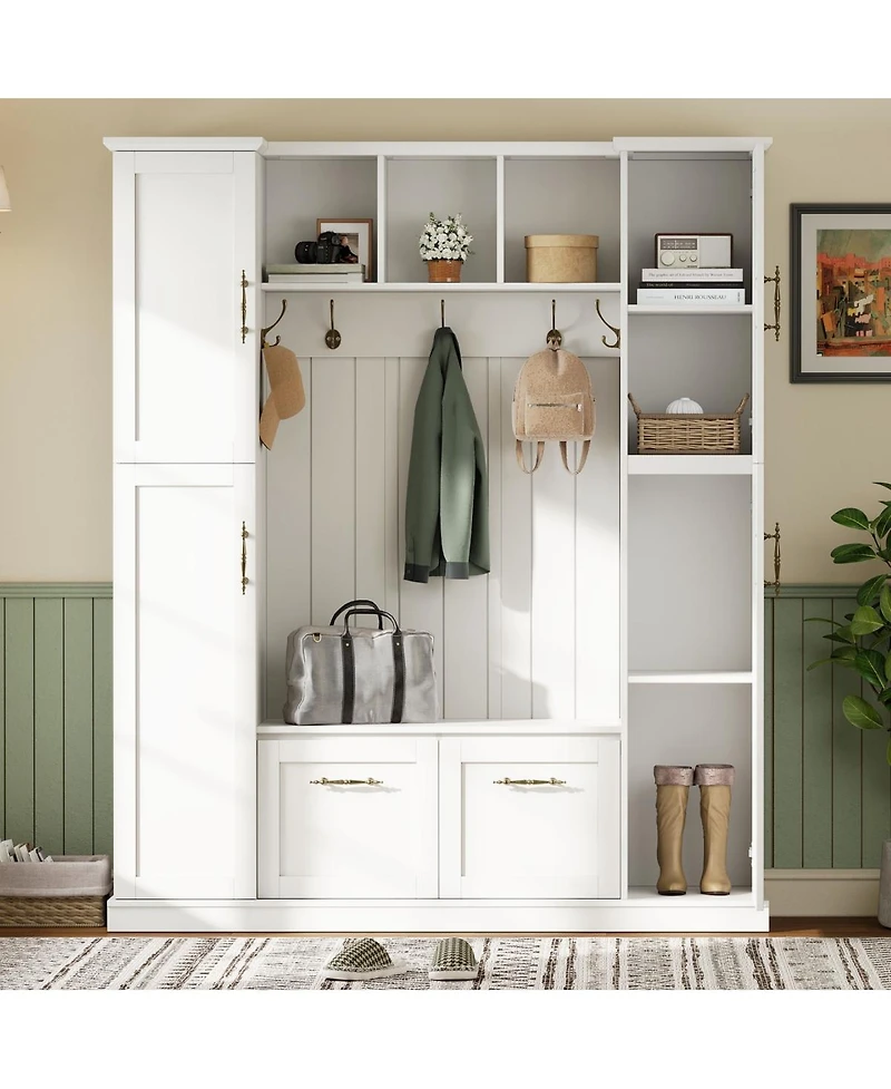 Streamdale Furniture Farmhouse Hall Tree with Storage Cabinets, Bench, and Coat Rack