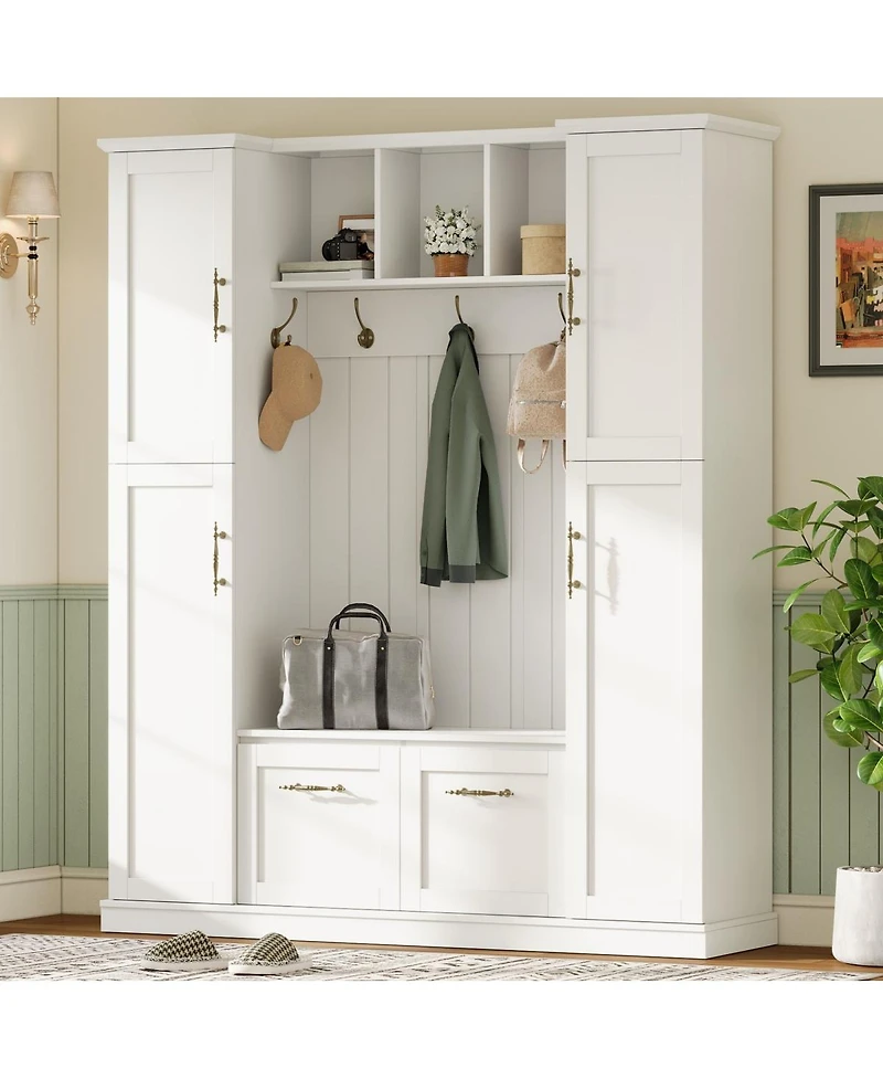 Streamdale Furniture Farmhouse Hall Tree with Storage Cabinets, Bench, and Coat Rack