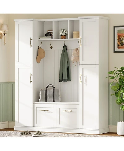 Streamdale Furniture Farmhouse Hall Tree with Storage Cabinets, Bench, and Coat Rack