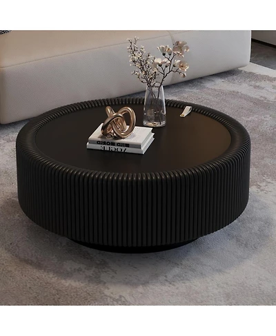 Streamdale Furniture Round Fluted Coffee Table with Tempered Glass Top and Hidden Storage