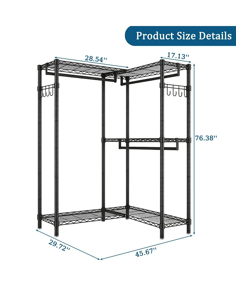 Streamdale Furniture L-Shaped Heavy Duty Corner Garment Rack with 3 Hanging Rods and 2 Hooks