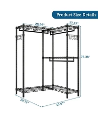 Streamdale Furniture L-Shaped Heavy Duty Corner Garment Rack with 3 Hanging Rods and 2 Hooks