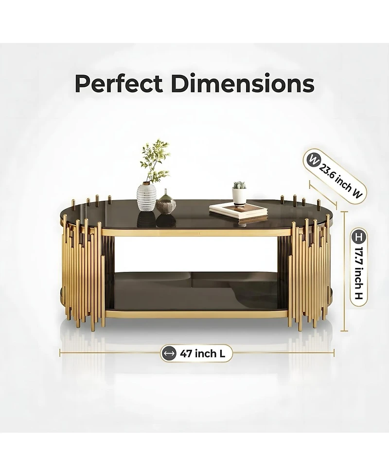 Streamdale Furniture Luxury Gold and Black Glass Oval Coffee Table with Organ Pipe Design