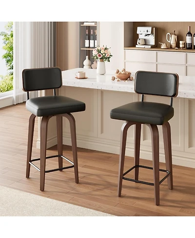 gaomon Swivel Bar Stools Set of 2, 26 Inch Upholstered Counter Height Bar Stools with Back and Walnut Wood Legs