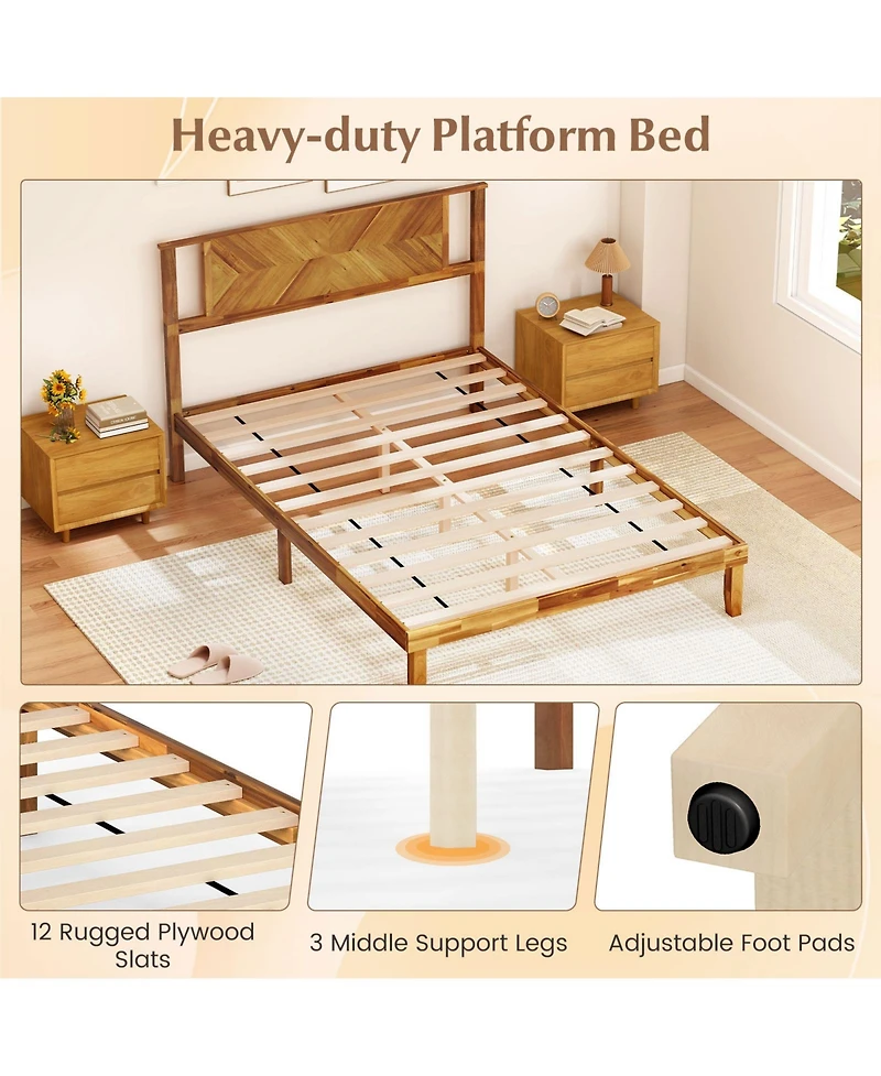 Sugift Full Size Bed Frame Mid-Century Acacia Wood Platform Bed with Headboard