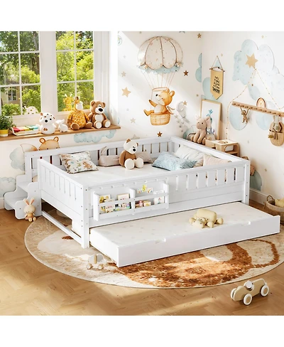 Streamdale Furniture Queen Bed with Bookshelves, Staircase, Safety Rails, and Trundle