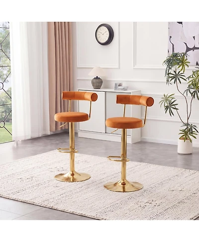 Streamdale Furniture Set of 2 Velvet Swivel Adjustable Bar Stools with Gold Legs