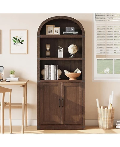 homfan 5-Shelf Wooden Bookcase Cabinet with Doors Tall Farmhouse Display Storage Rack, Deep Vintage Library Bookshelves for Office and Living Room