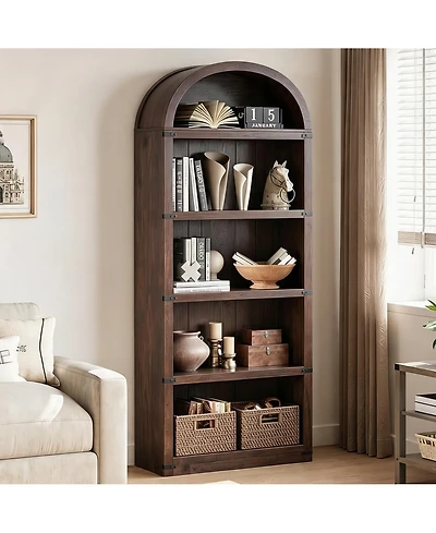 homfan 5-Shelf Wooden Bookcase Cabinet with Doors Tall Farmhouse Display Storage Rack, Deep Vintage Library Bookshelves for Office and Living Room