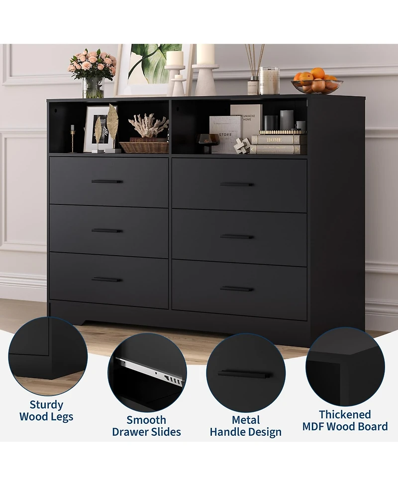 gaomon 6 Drawer Wooden Dressers for Bedroom with Charging Station and Open Shelf, 47" Wide White Dresser, Wood Chest of Drawers Deep