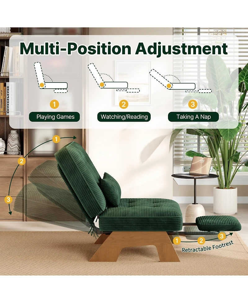 gaomon Corduroy Accent Chair with 3-Level Adjustable Backrest and Pull-Out Footrest, Rubberwood Frame Armchair with Lumbar Pillow for Living Room